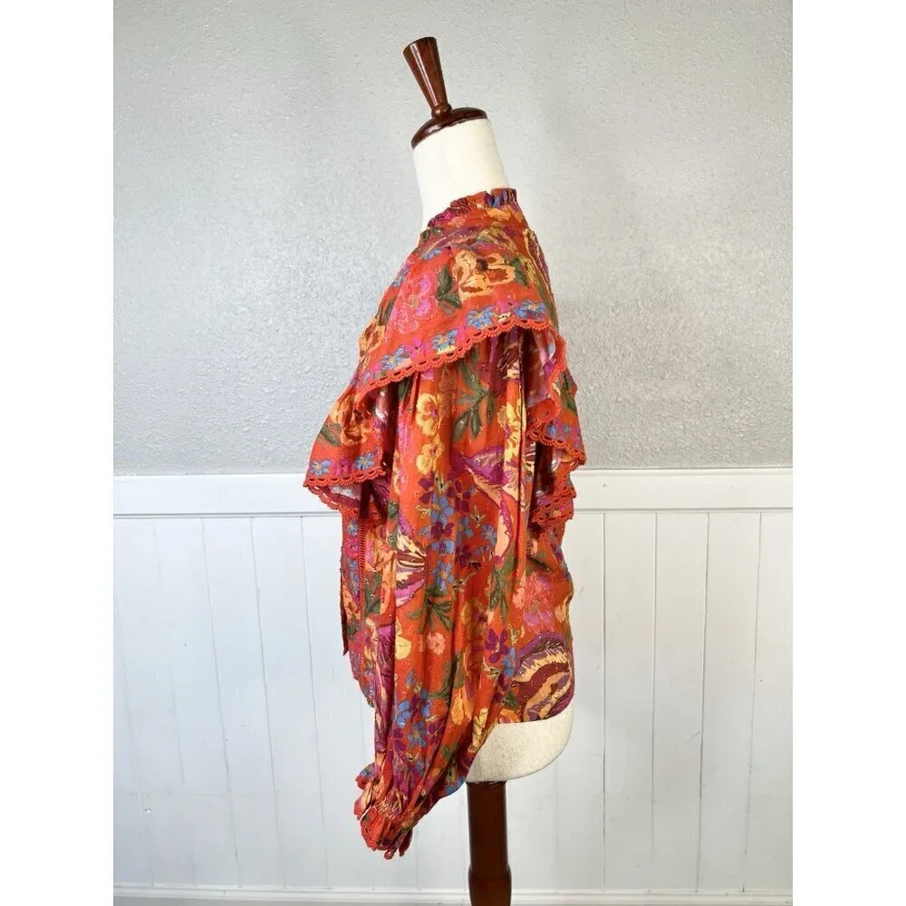 Farm Rio Top Spring Banana XS Floral Ruffle Puff Sleeve Boho Artsy Vacation